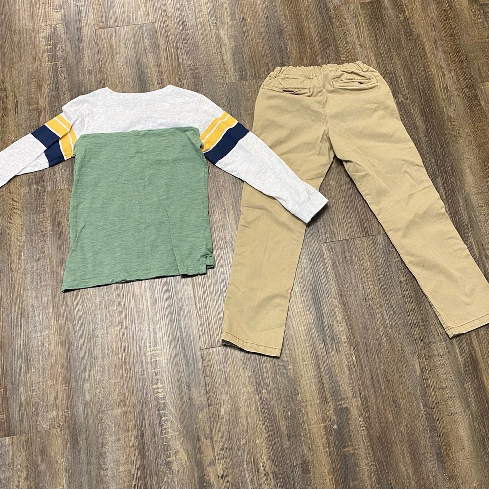 Green and Gray Long Sleeve Shirt with Tan Pants Boys Sz 7 Carters Kid and Place